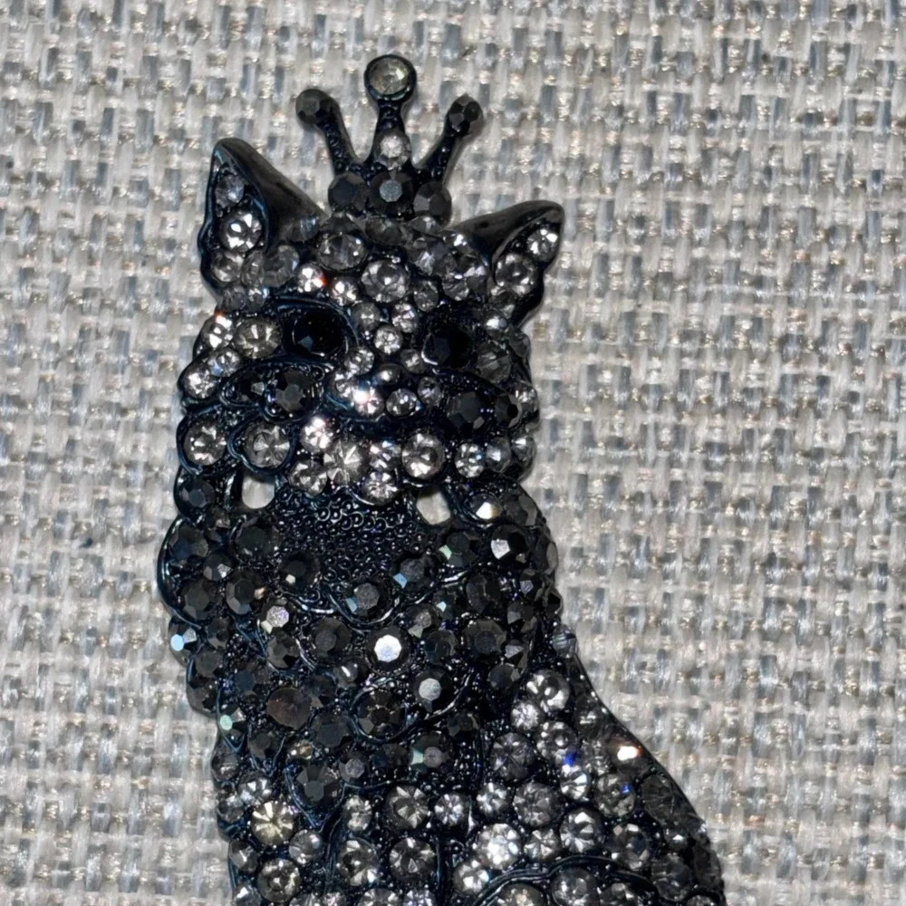 Vintage Black Cat Brooch Rhinestone Diamond Royal‎ Goth Whimsigoth